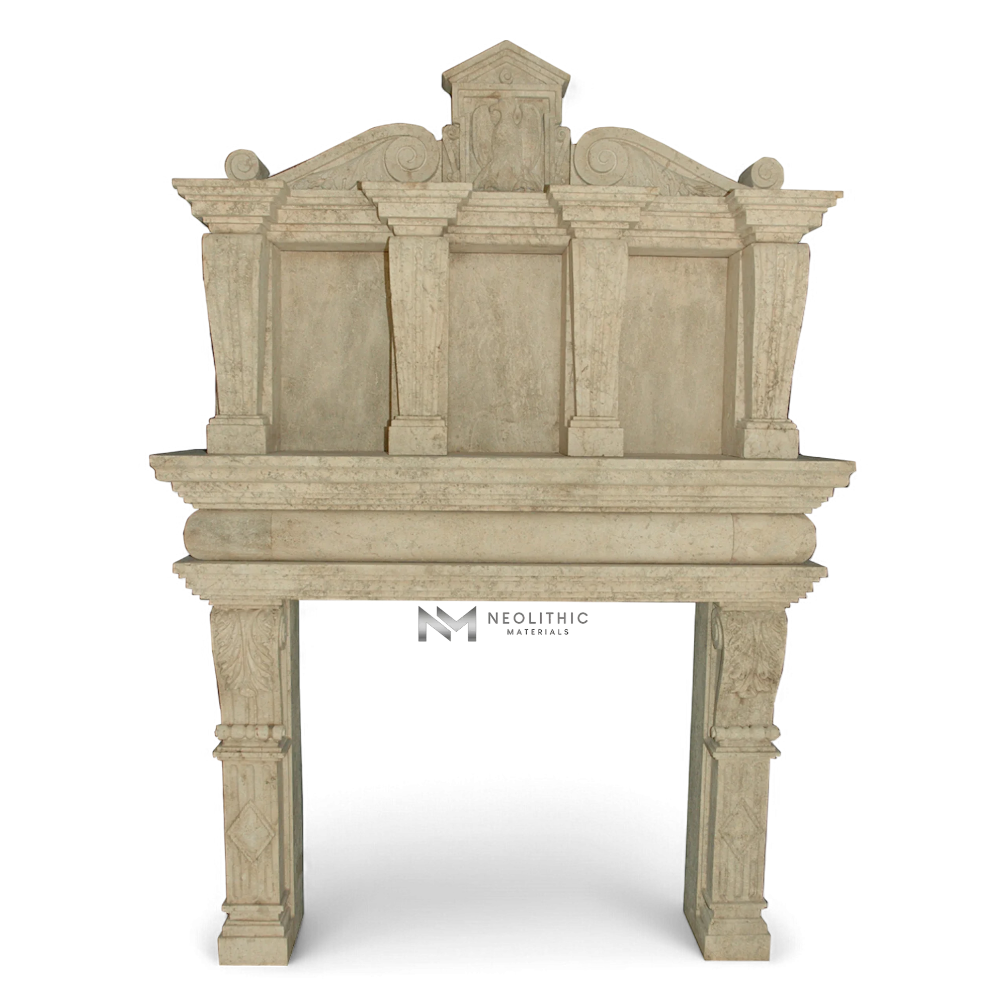 Limestone Fireplace Mantel with Trumeaus Over Mantel - Image 1